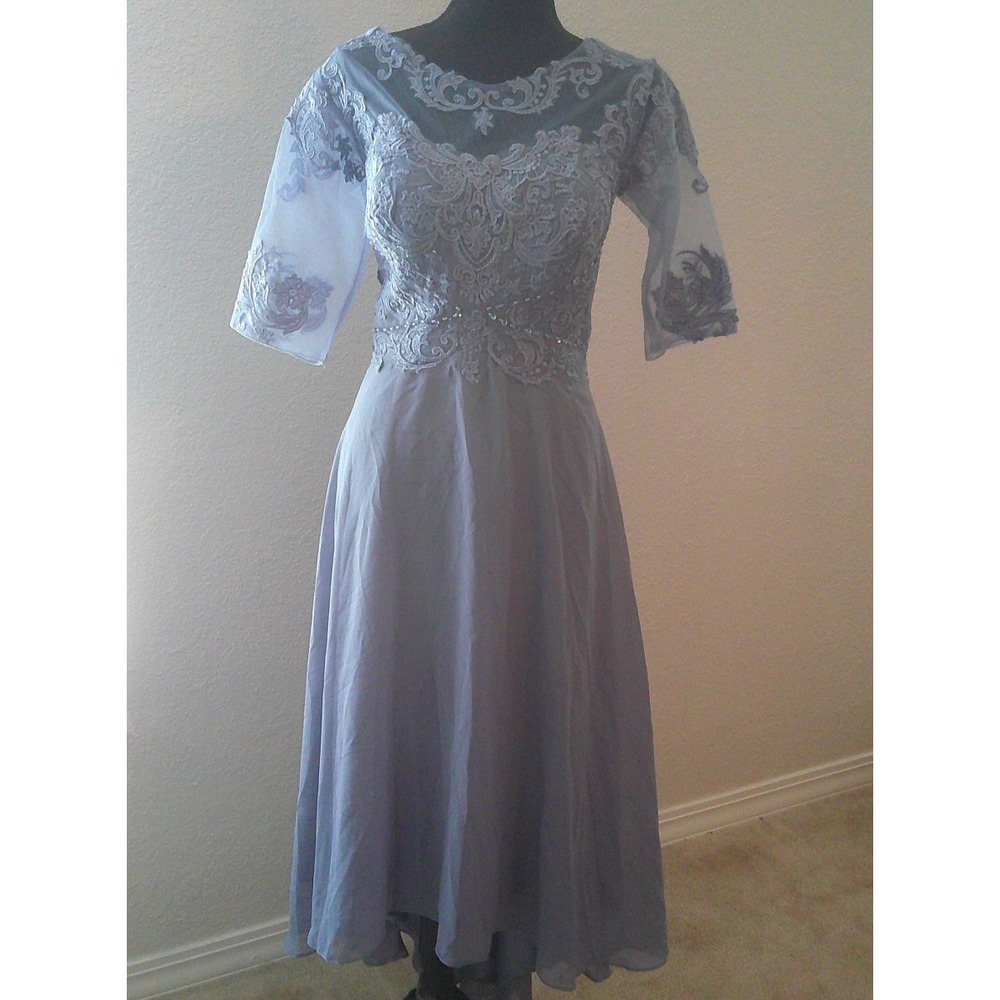Robin's Egg Blue Formal Gown With Lace Sleeves and Embroidered Bodice Size 14